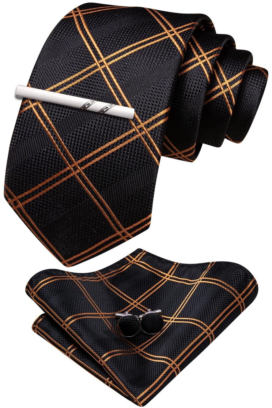 1681 Black Gold Tie Extra Long with Tie Clip Set Plaid Silk Necktie Pocket